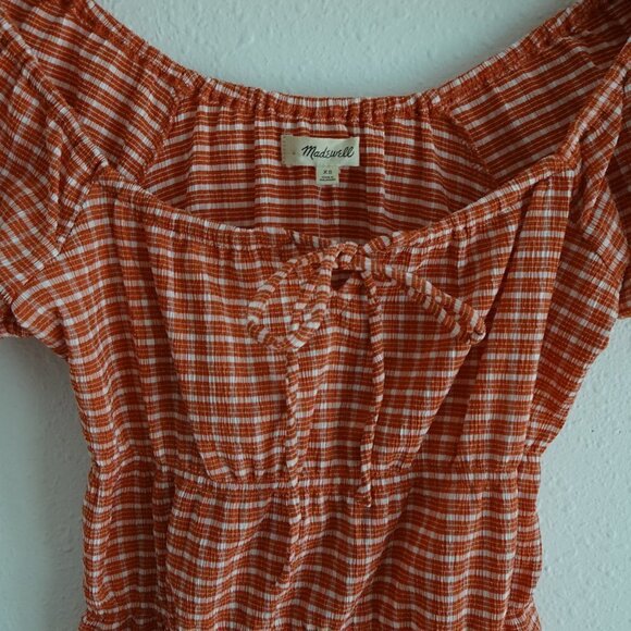 Madewell Omaha Tiered Top Women's Size XS Orange Gingham Square Neck - Picture 4 of 8